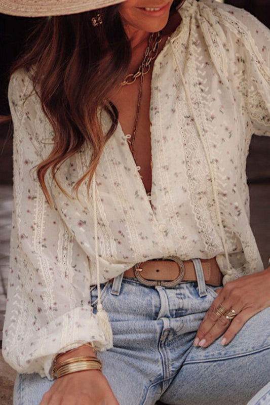 Frill Lace Detail Printed Tie Neck Long Sleeve Blouse - Curated by tt