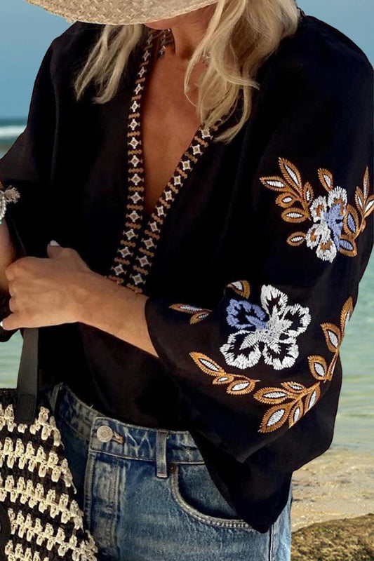Embroidered V-Neck Three-Quarter Sleeve Blouse - Curated by tt