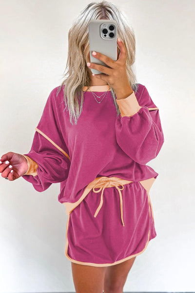 Rose Red Color Contrast Loose Pullover and Lace-up Waist Skort Set - Curated by tt