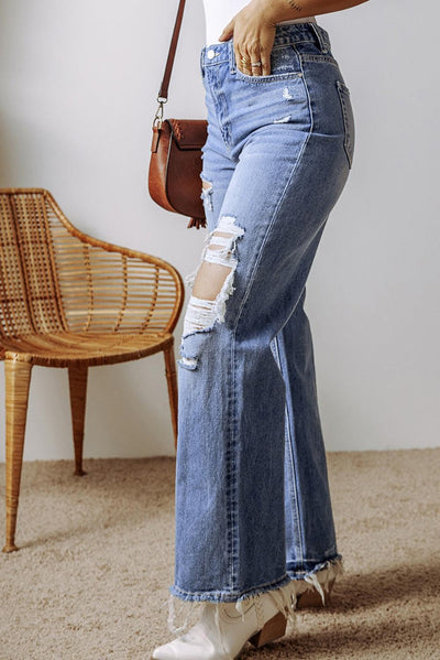 Ashleigh Blue Distressed Raw Hem Straight Leg High Waist Jeans - Curated by tt