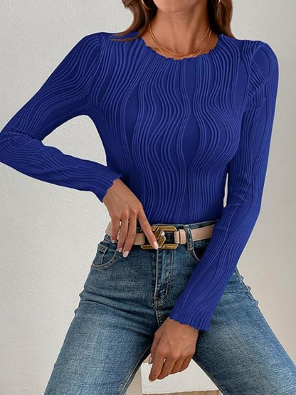 Textured Round Neck Long Sleeve Top - Curated by tt
