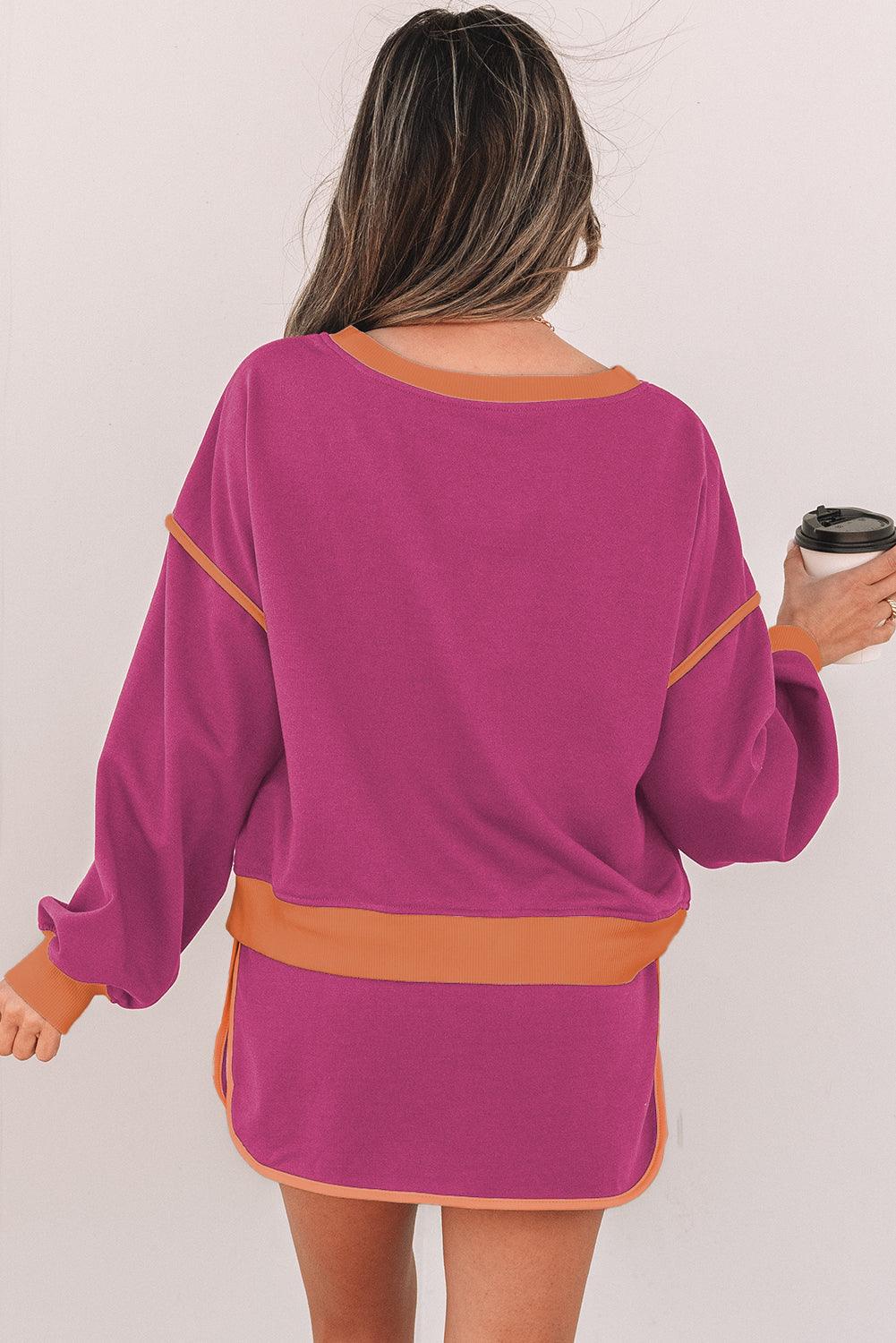 Rose Red Color Contrast Loose Pullover and Lace-up Waist Skort Set - Curated by tt
