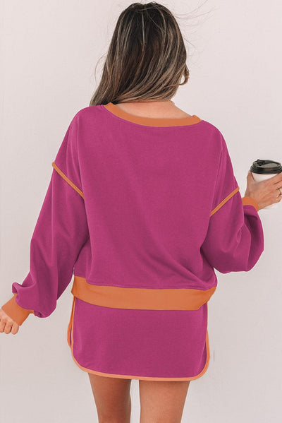 Rose Red Color Contrast Loose Pullover and Lace-up Waist Skort Set - Curated by tt