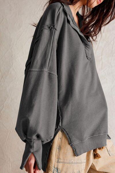 Exposed Seam Side Slit Long Sleeve Sweatshirt - Curated by tt