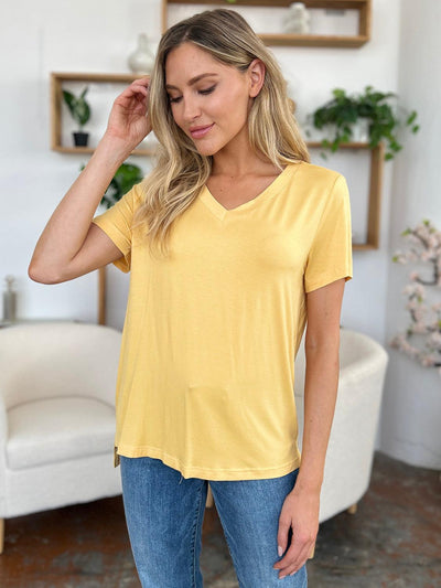 Basic Bae Bamboo Full Size V-Neck High-Low T-Shirt - Curated by tt