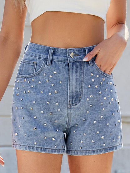 Rhinestone Washed High Waist Denim Shorts - Curated by tt
