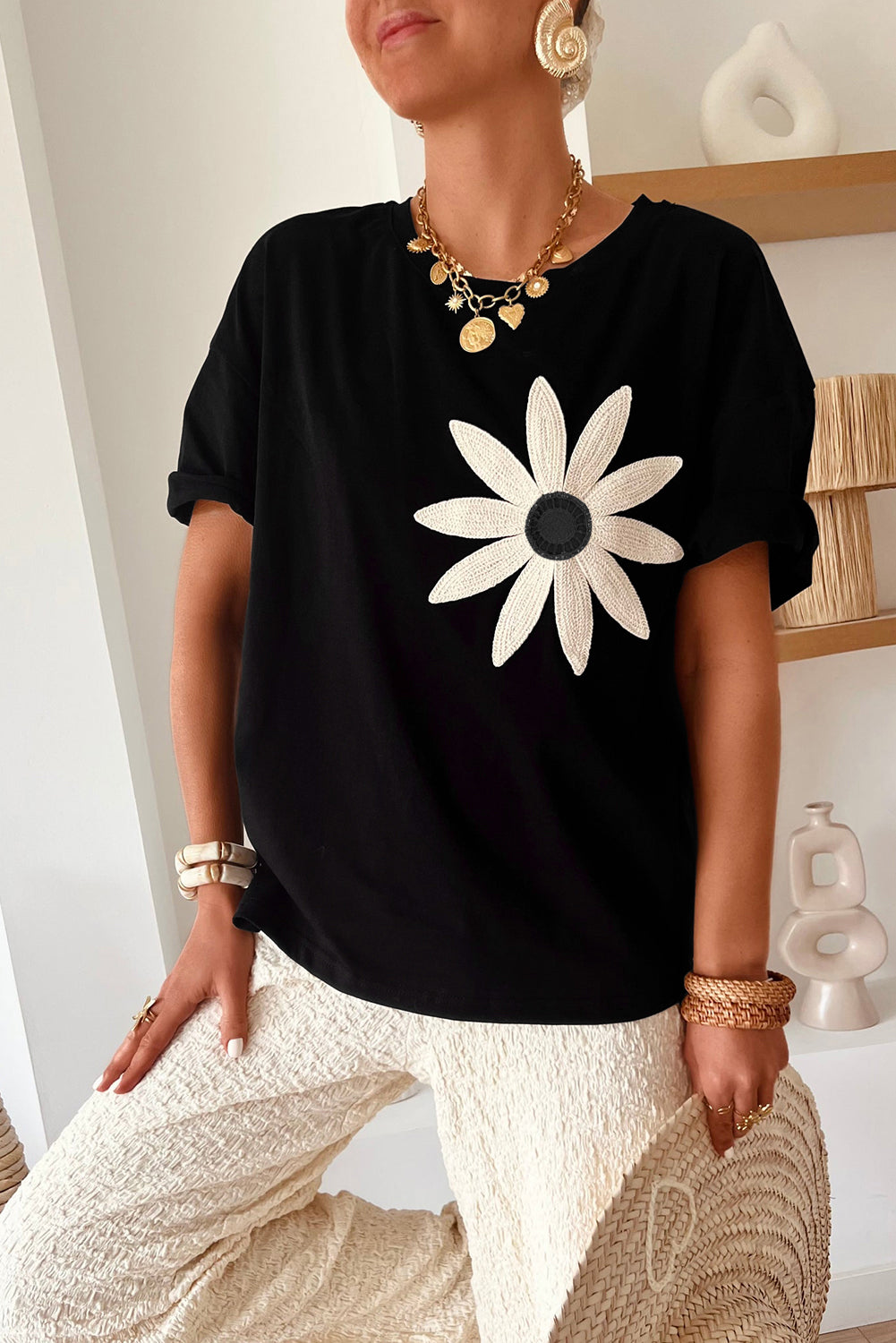Crochet Floral Loose-Fit Tee