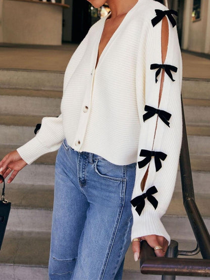 Bow V-Neck Cutout Sleeve Cardigan - Curated by tt
