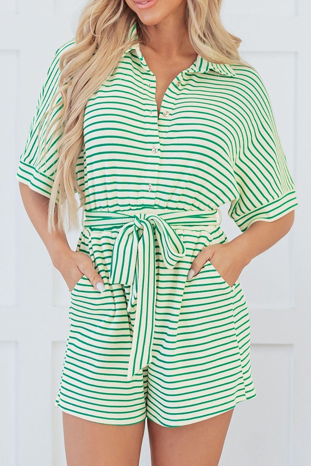 Striped Half Sleeve Tie Waist Romper - Curated by tt