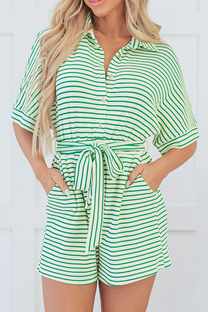 Striped Half Sleeve Tie Waist Romper - Curated by tt