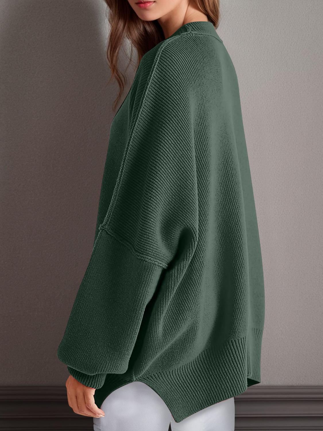 Double Take Side Slit Round Neck Long Sleeve Sweater - Curated by tt