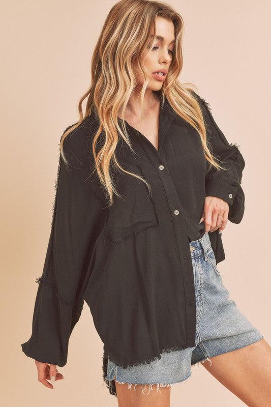 Raw Edge Exposed Seam Collared Neck Long Sleeve Shirt - Curated by tt