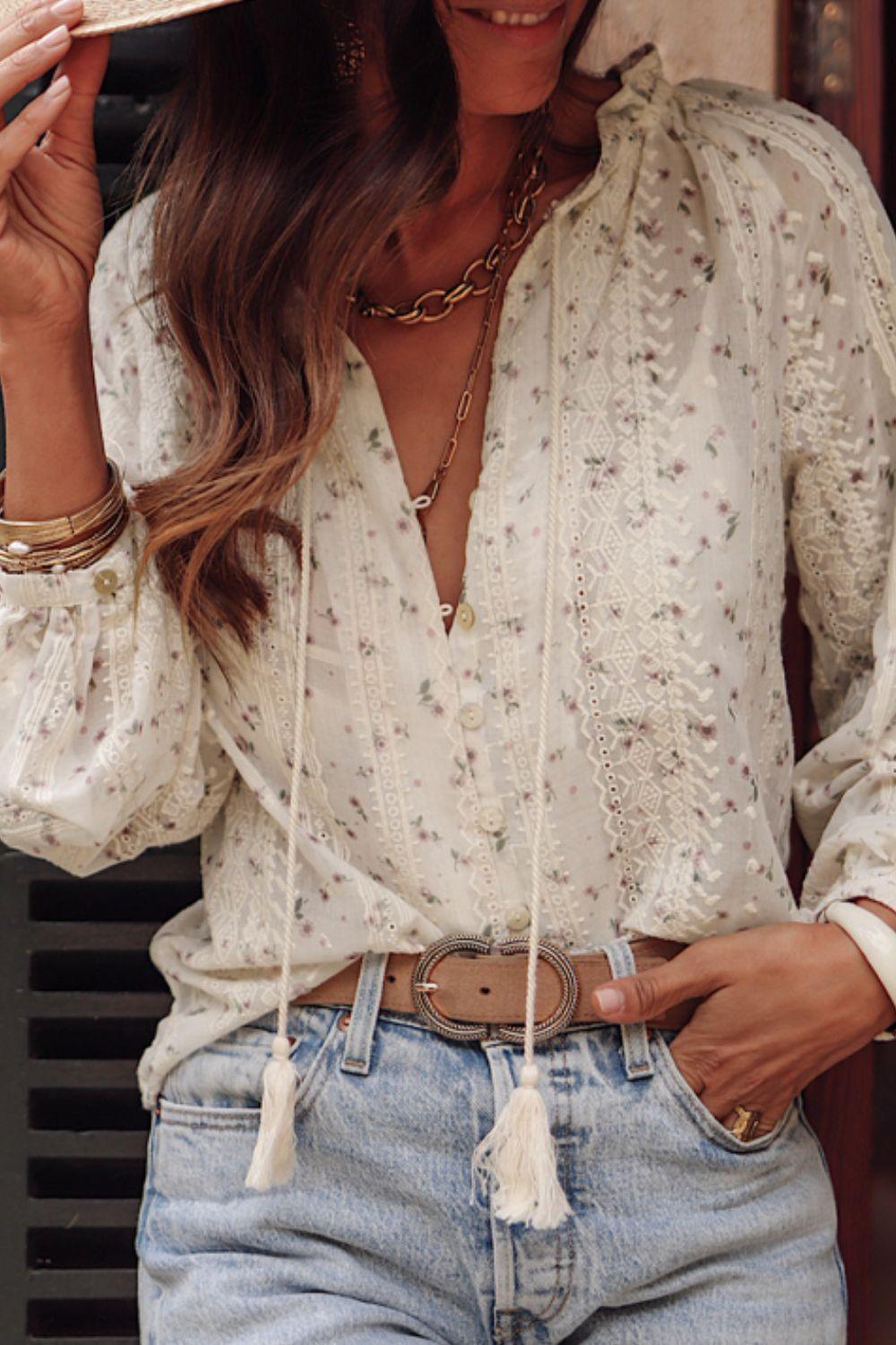 Frill Lace Detail Printed Tie Neck Long Sleeve Blouse - Curated by tt