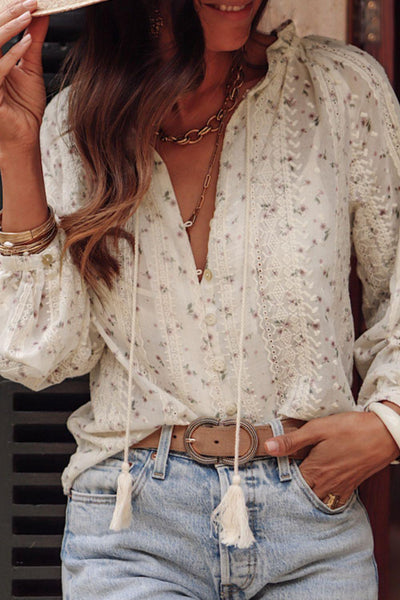 Frill Lace Detail Printed Tie Neck Long Sleeve Blouse - Curated by tt