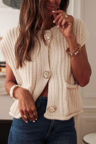 Button Down Sweater Vest with Pockets - Curated by tt