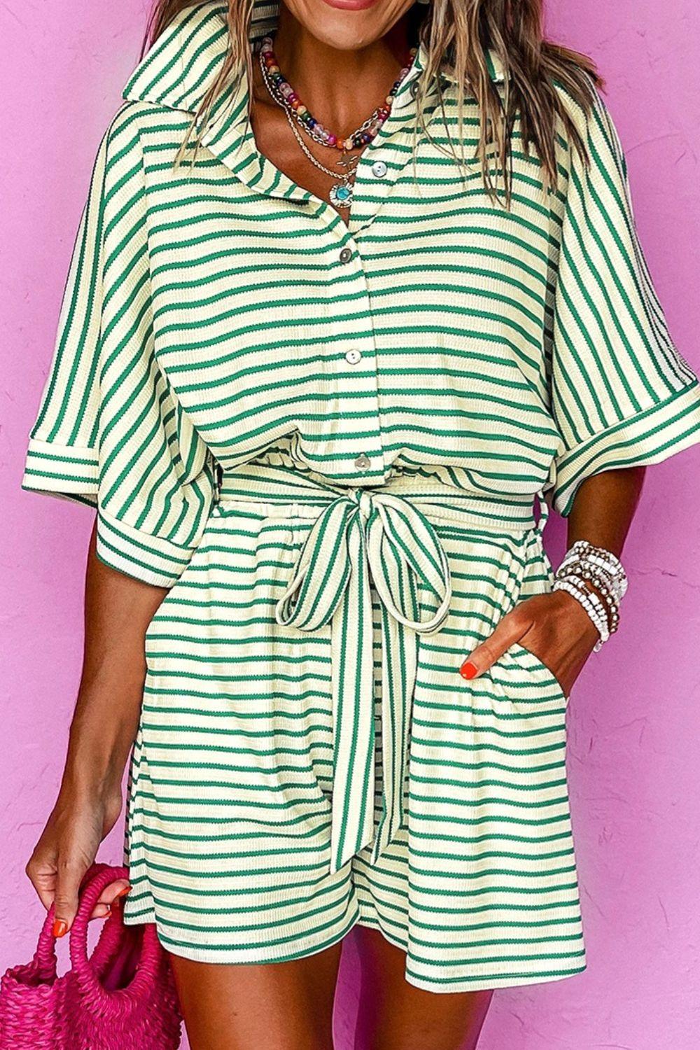 Striped Half Sleeve Tie Waist Romper - Curated by tt