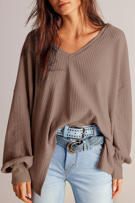 Coffee Waffle V Neck Long Sleeve - Curated by tt