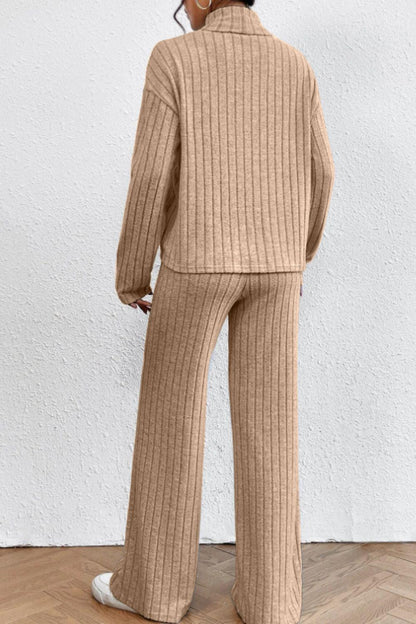 Mock Neck Dropped Shoulder Top and Pants Set - Curated by tt