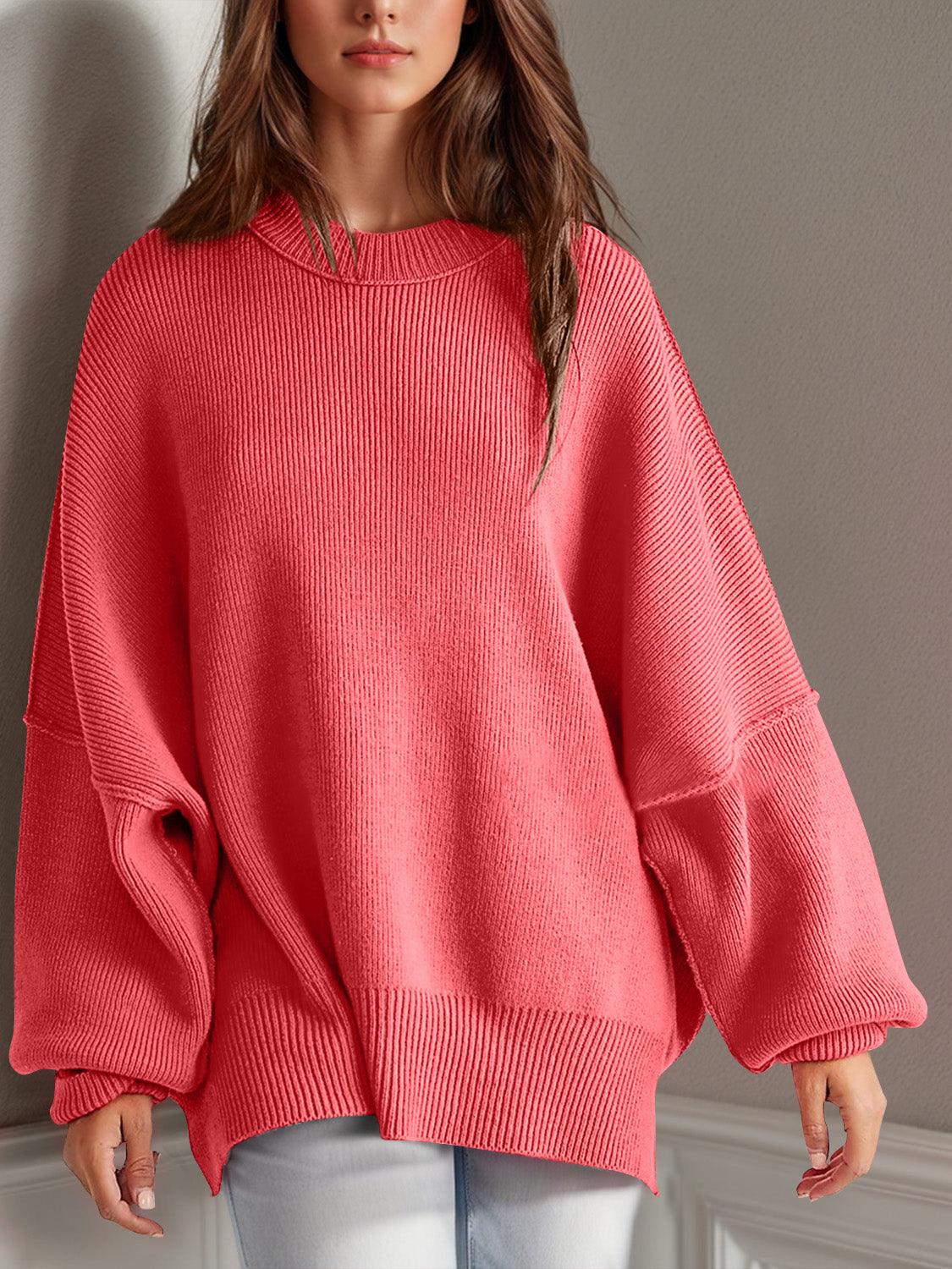 Double Take Side Slit Round Neck Long Sleeve Sweater - Curated by tt