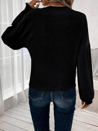 Ribbed Round Neck Lantern Sleeve T-Shirt - Curated by tt