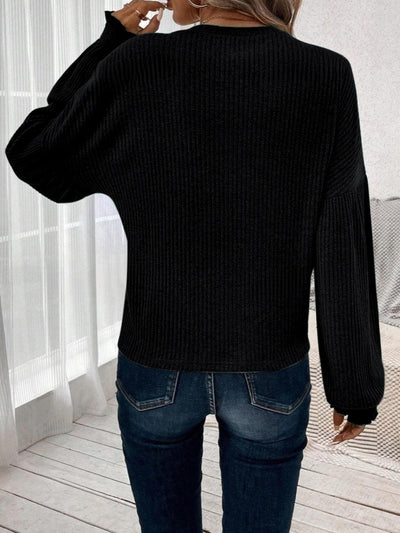 Ribbed Round Neck Lantern Sleeve T-Shirt - Curated by tt