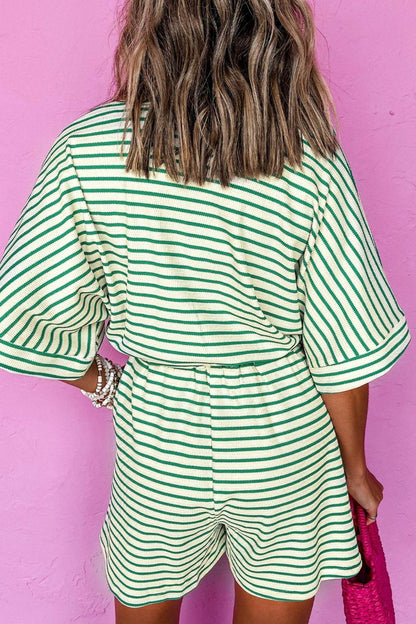 Striped Half Sleeve Tie Waist Romper - Curated by tt