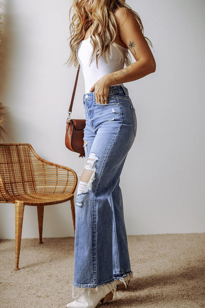 Ashleigh Blue Distressed Raw Hem Straight Leg High Waist Jeans - Curated by tt