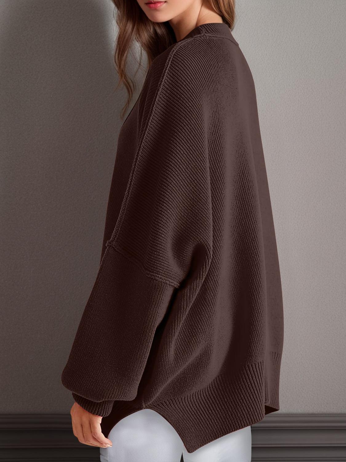 Double Take Side Slit Round Neck Long Sleeve Sweater - Curated by tt