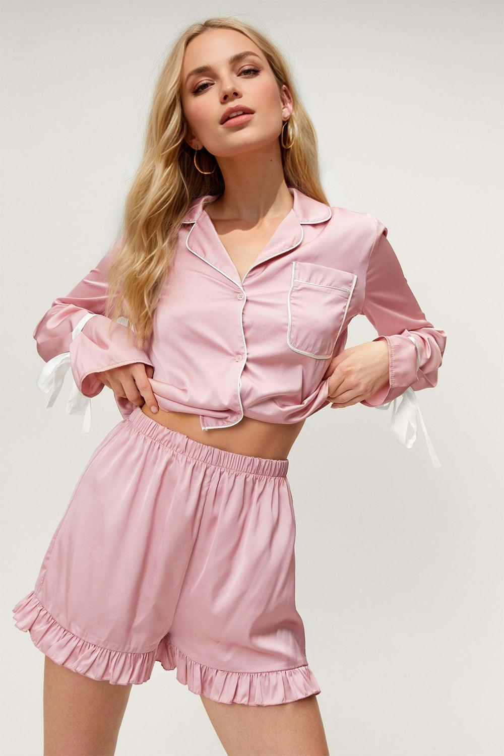 Basic Bae Tied Cuff Collared Neck Top and Frill Shorts Lounge Set - Curated by tt