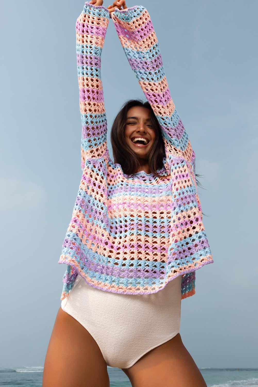 Purple Multi Stripe Open Knit Sweater Beach Cover Up - Curated by tt