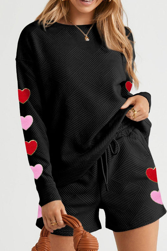 Heart Texture Round Neck Top and Drawstring Shorts Set - Curated by tt