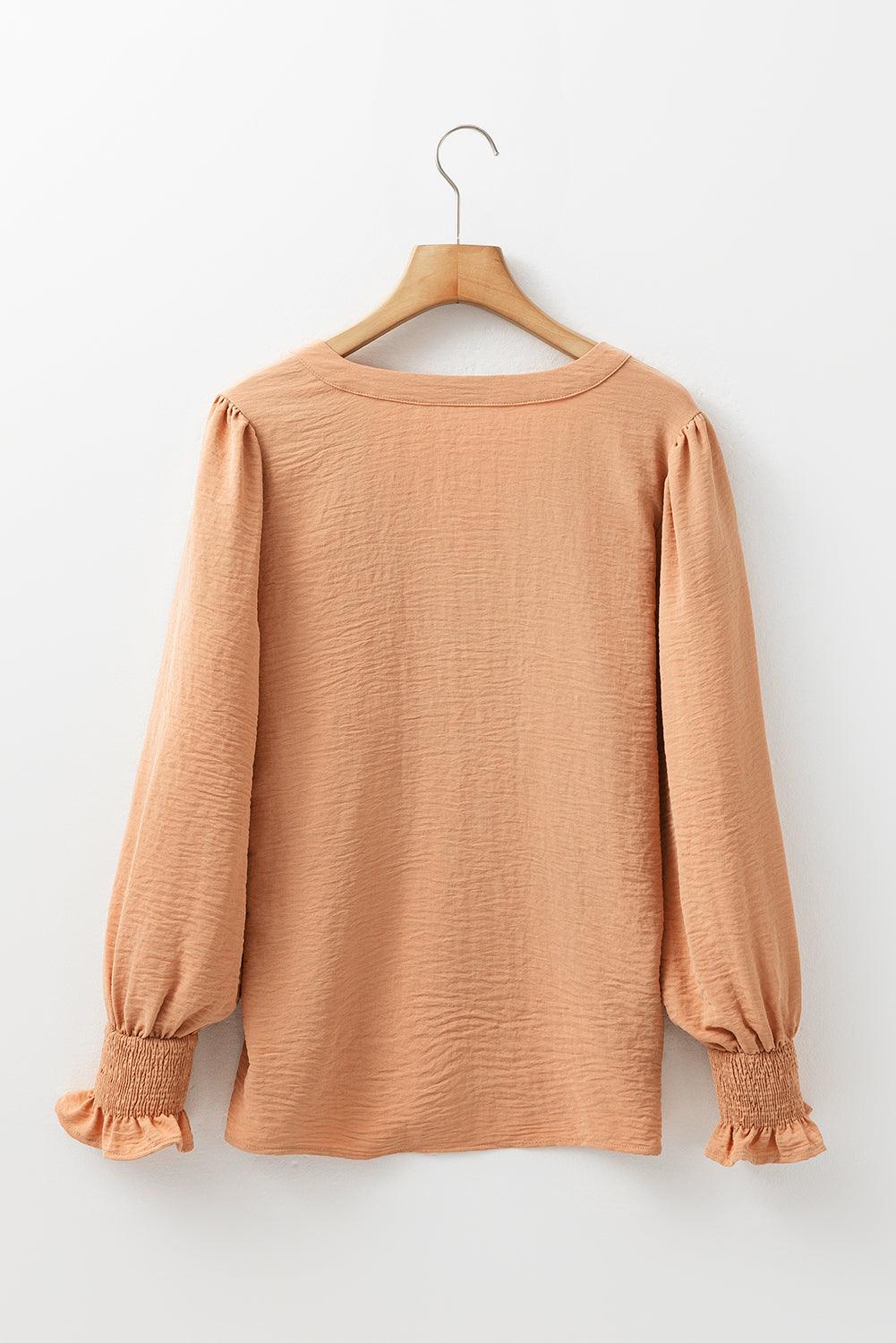 Straw Yellow Solid Color Shirred Cuff Notch V Neck Blouse - Curated by tt