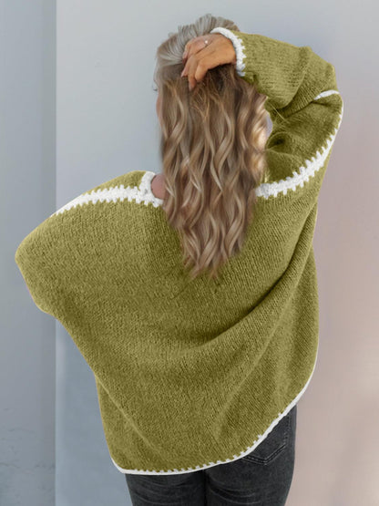 Double Take Contrast Open Front Dropped Shoulder Cardigan - Curated by tt