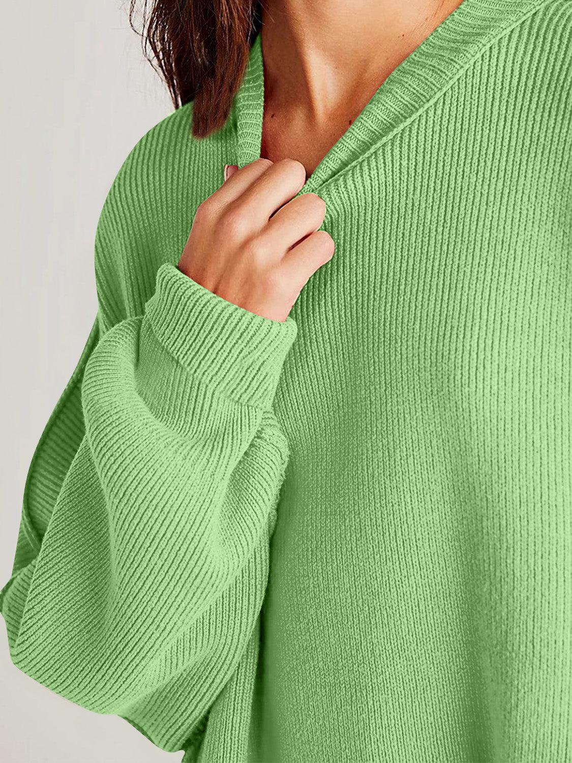 Double Take Side Slit Round Neck Long Sleeve Sweater - Curated by tt