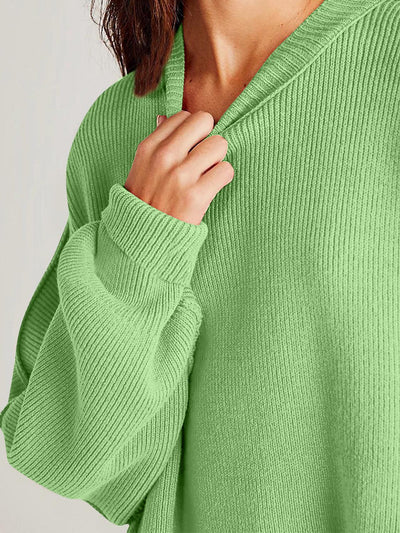 Double Take Side Slit Round Neck Long Sleeve Sweater - Curated by tt