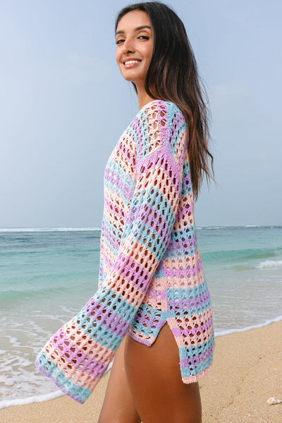 Purple Multi Stripe Open Knit Sweater Beach Cover Up - Curated by tt