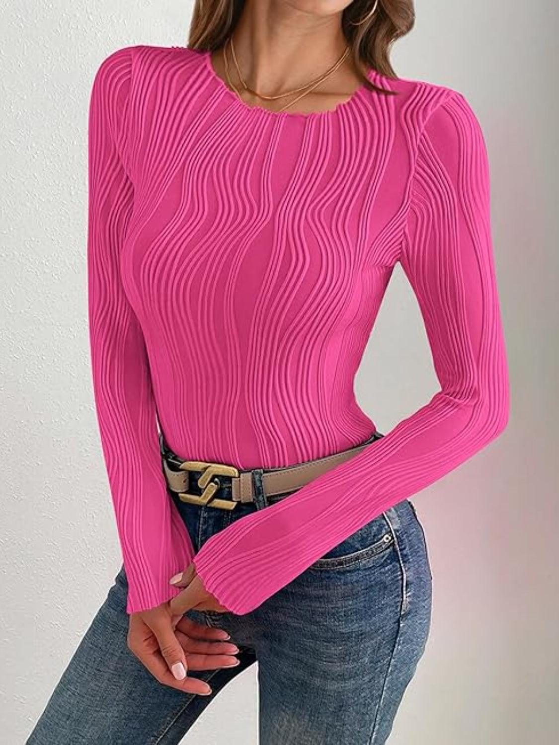 Textured Round Neck Long Sleeve Top - Curated by tt