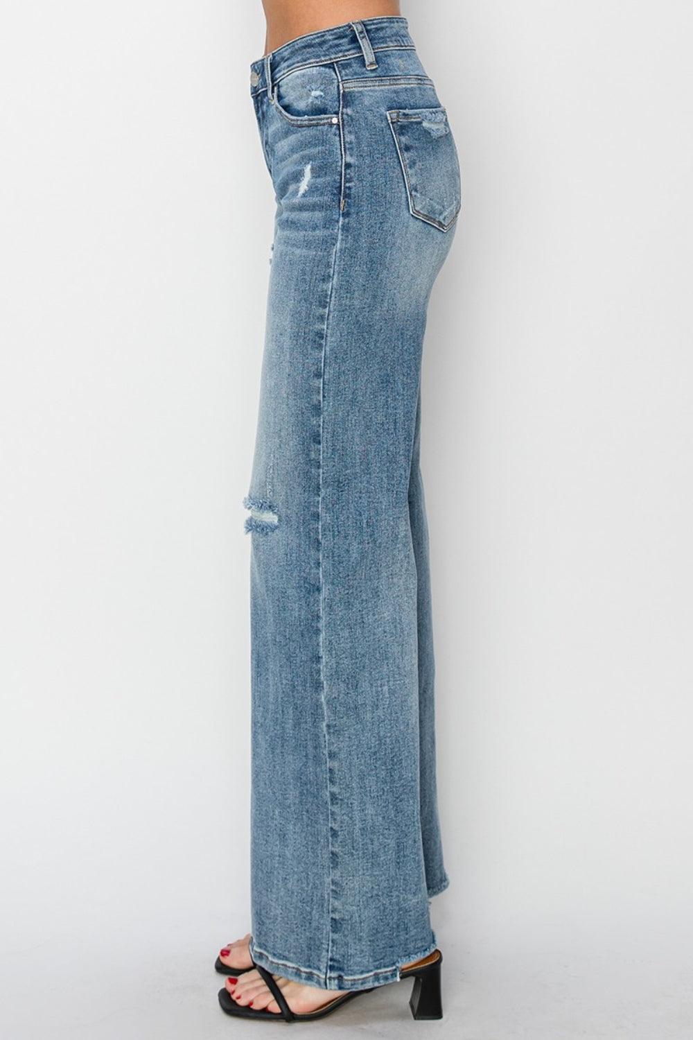 Full Size High Waist Distressed Wide Leg Jeans - Curated by tt