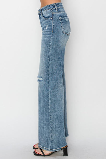 Full Size High Waist Distressed Wide Leg Jeans - Curated by tt