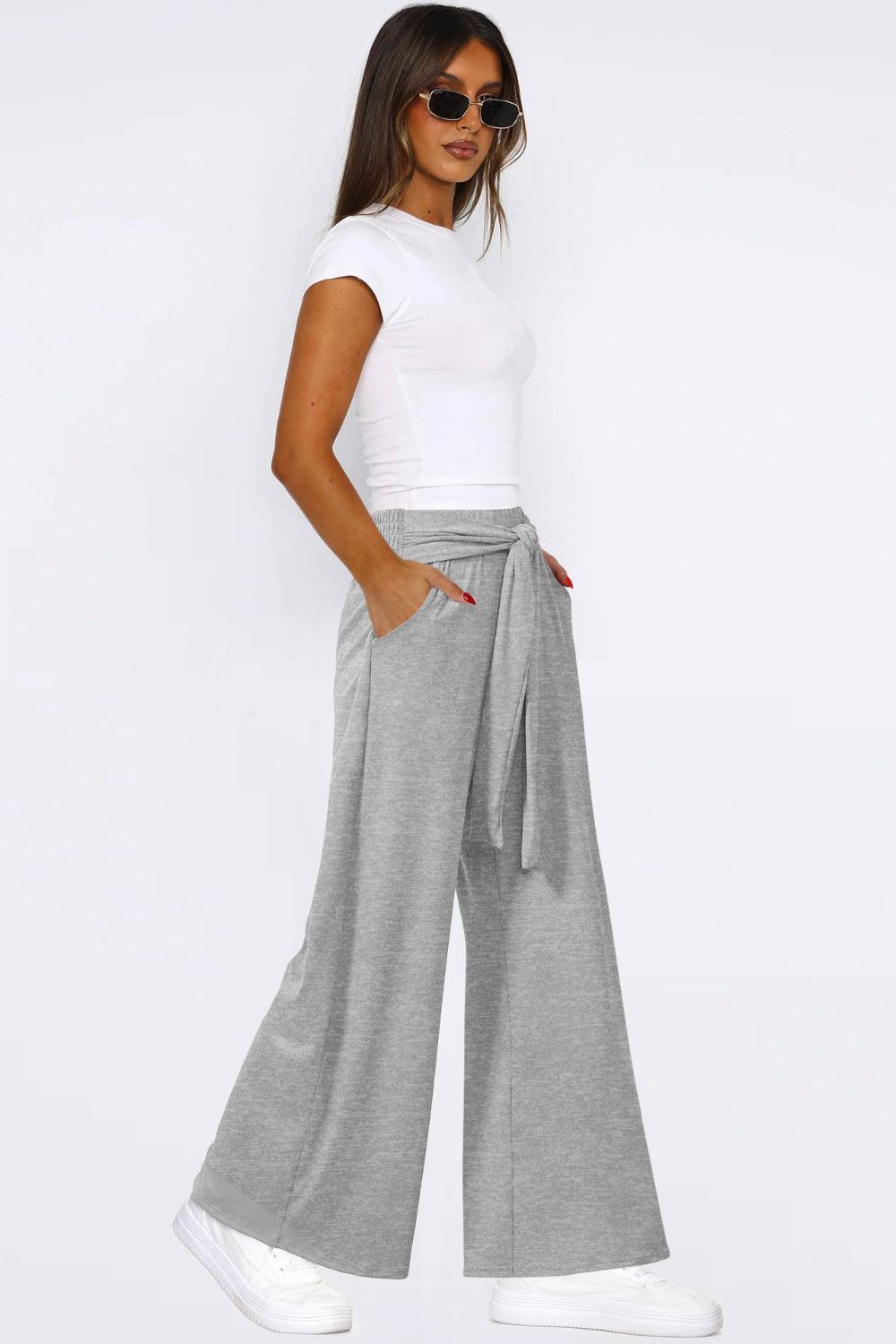 Tied Pocketed Wide Leg Pants - Curated by tt