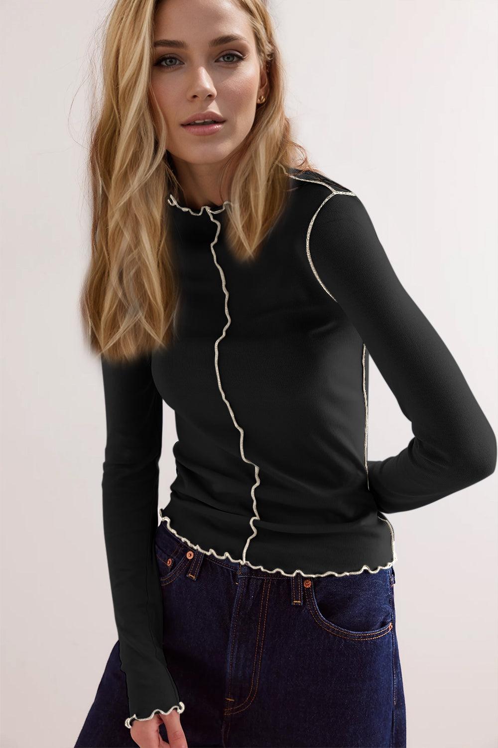 Contrast Trim Mock Neck Long Sleeve T-Shirt - Curated by tt