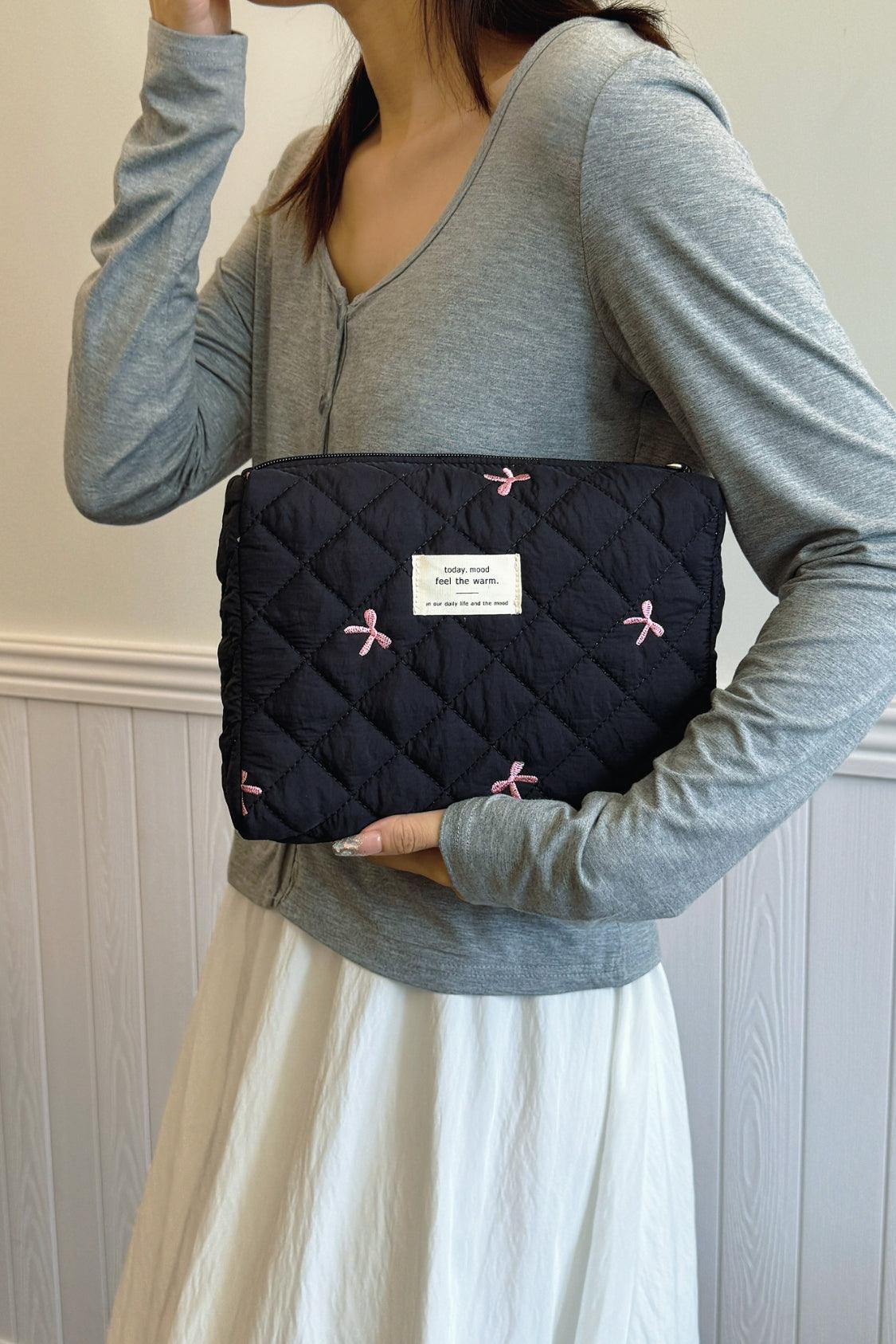 Bow Embroidered Quilted Storage Bag - Curated by tt