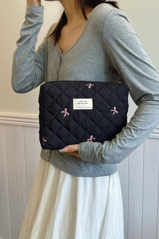 Bow Embroidered Quilted Storage Bag - Curated by tt