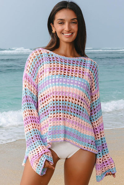 Purple Multi Stripe Open Knit Sweater Beach Cover Up - Curated by tt