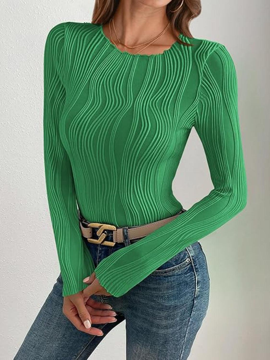 Textured Round Neck Long Sleeve Top - Curated by tt