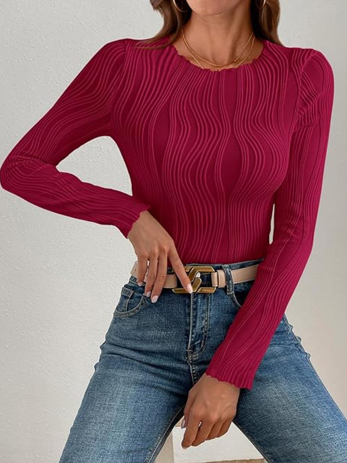 Textured Round Neck Long Sleeve Top - Curated by tt