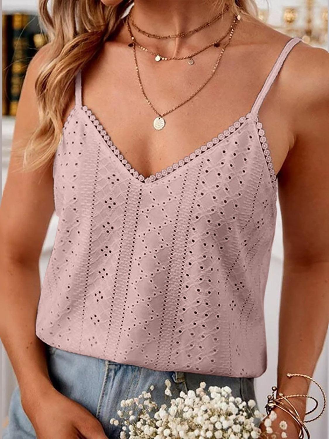 Eyelet Lace Detail V-Neck Cami - Curated by tt