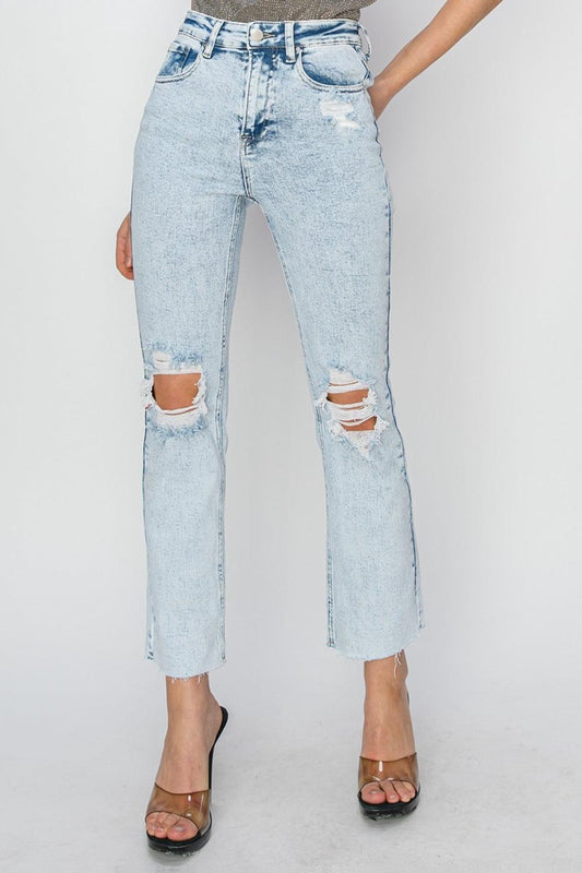 High Rise Distressed Ankle Jeans - Curated by tt