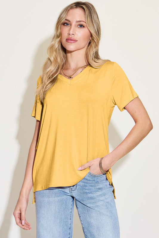 Basic Bae Bamboo Full Size V-Neck High-Low T-Shirt - Curated by tt