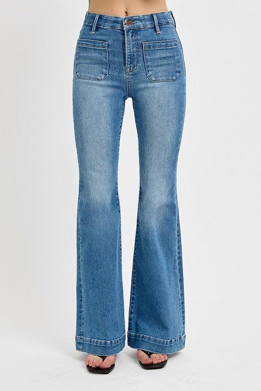 Full Size Front Patch Pocket Flare Jeans Plus Size - Curated by tt